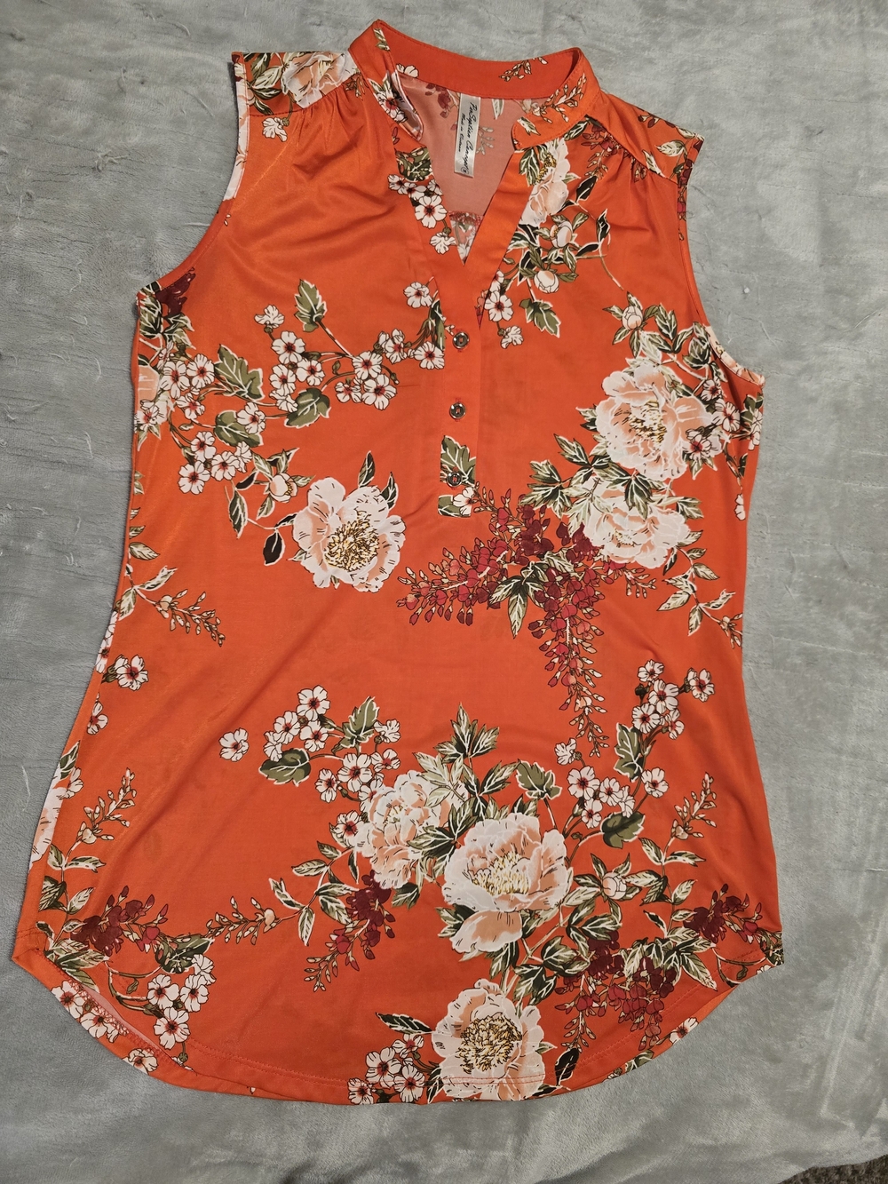 Perception Concept Orange Floral Sleeveless Henley Blouse M